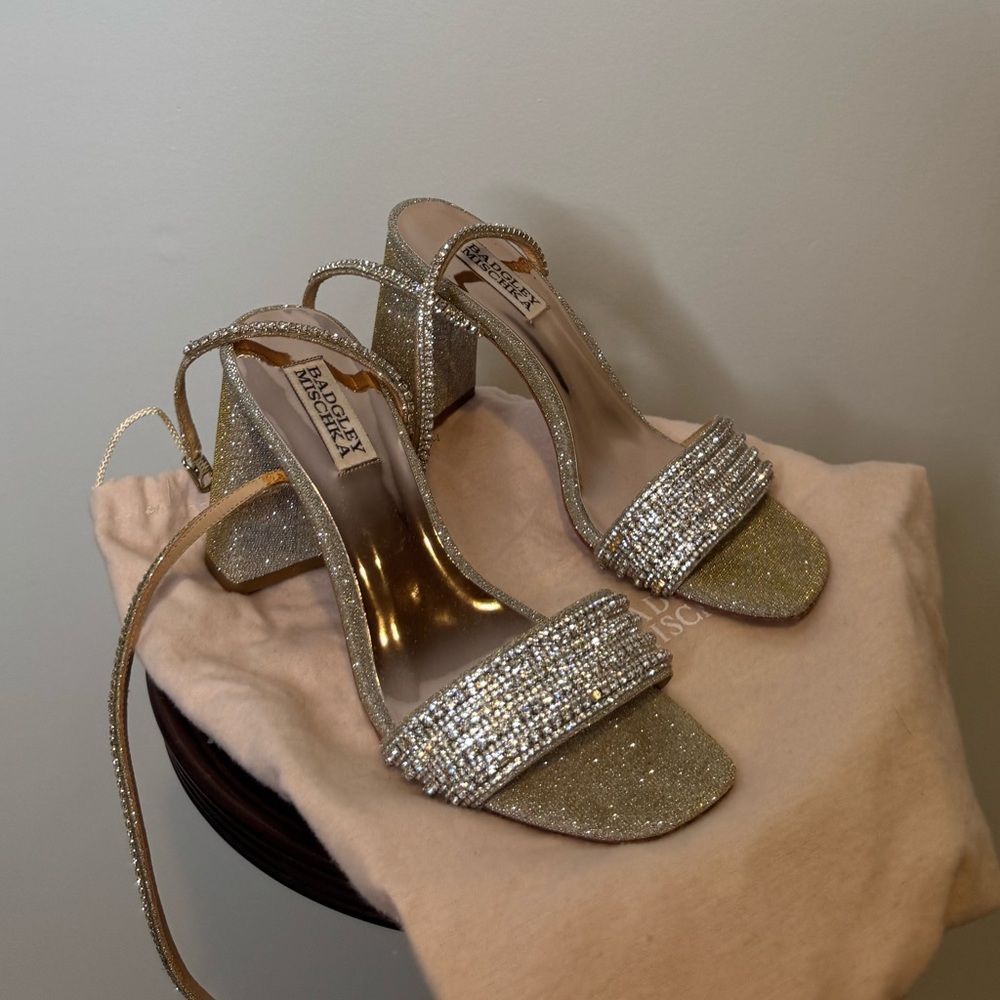 Badgley Mischka Gold Crystal Block Heel Sandals